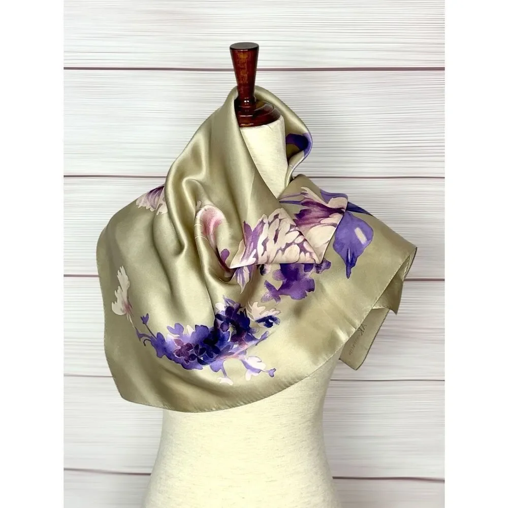 Anne Klein Silk Scarf Light Olive Green Purple Floral Print Square 31x31